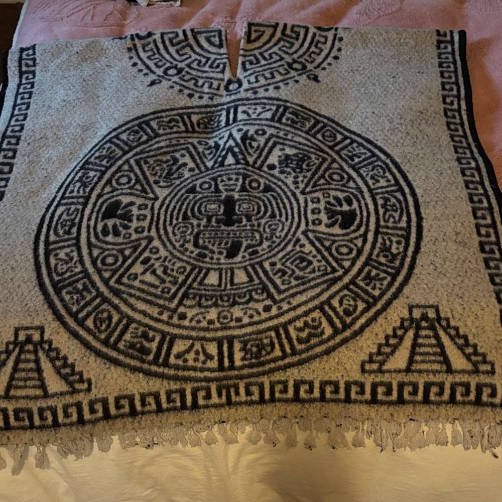 Black and White Aztec Calendar Patterned Poncho
